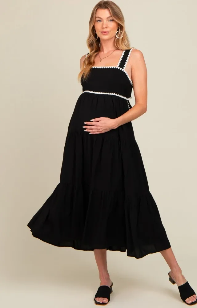 Black Scallop Trim Tiered Maternity Midi Dress