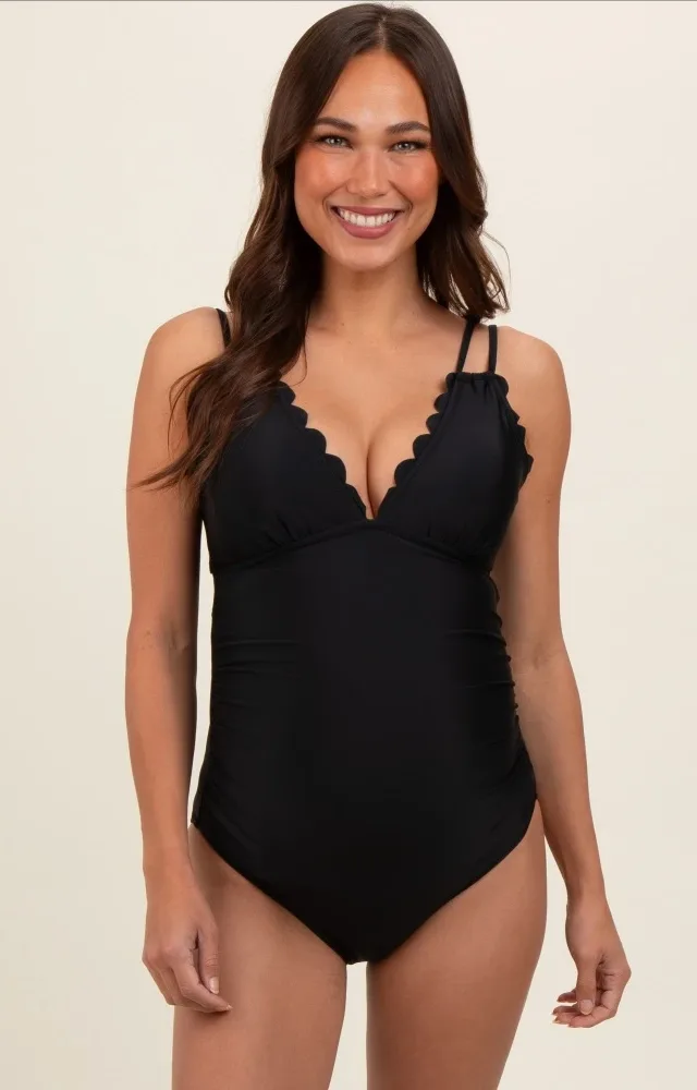 Black Scalloped V-Neck Back Tie Cutout Maternity One Piece Swimsuit