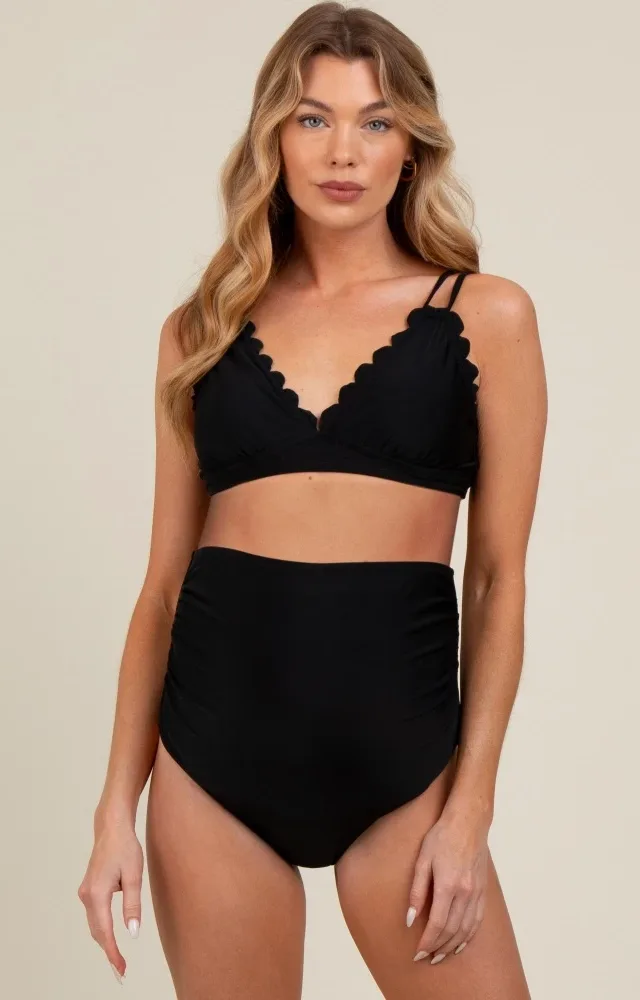 Black Scalloped V-Neck High Waist Two-Piece Maternity Swimsuit