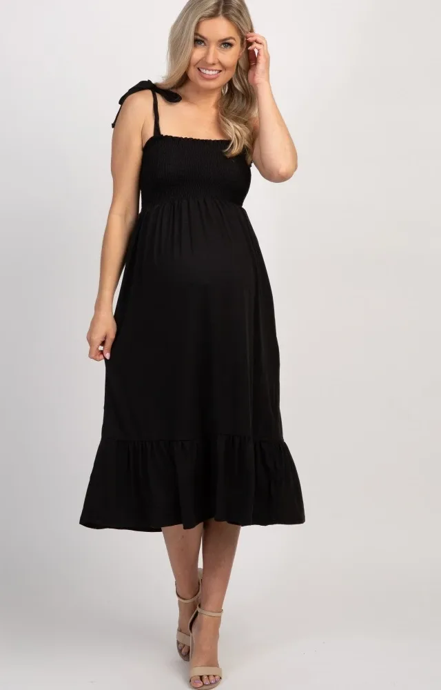 Black Self-Tie Smocked Maternity Midi Dress