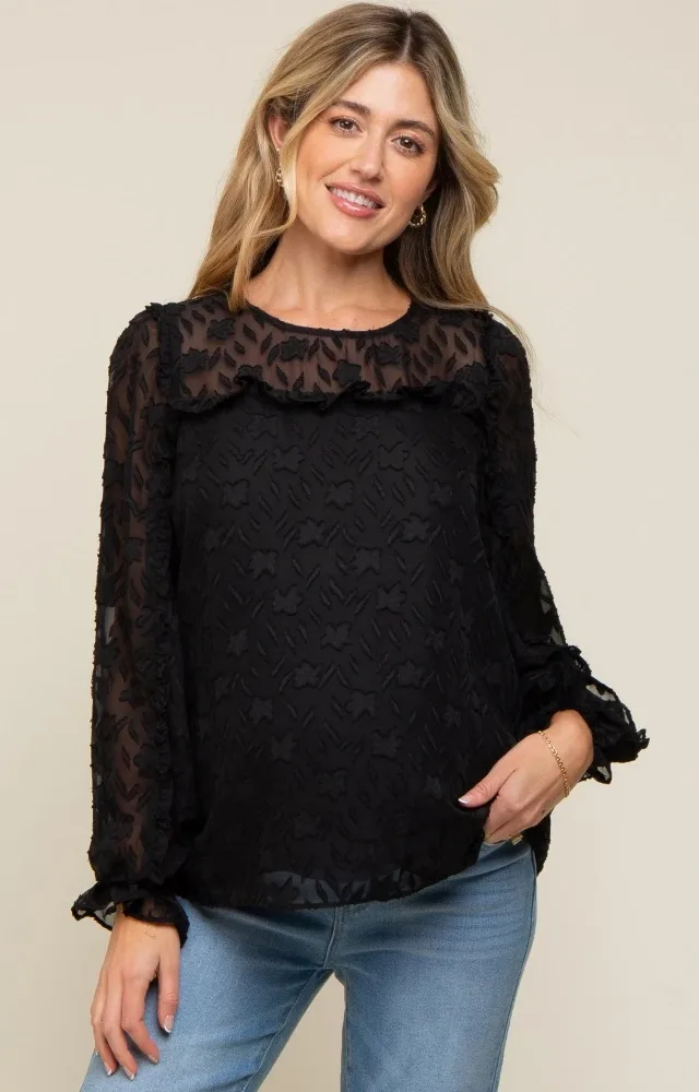 Black Semi Sheer Burnout Maternity Blouse Top