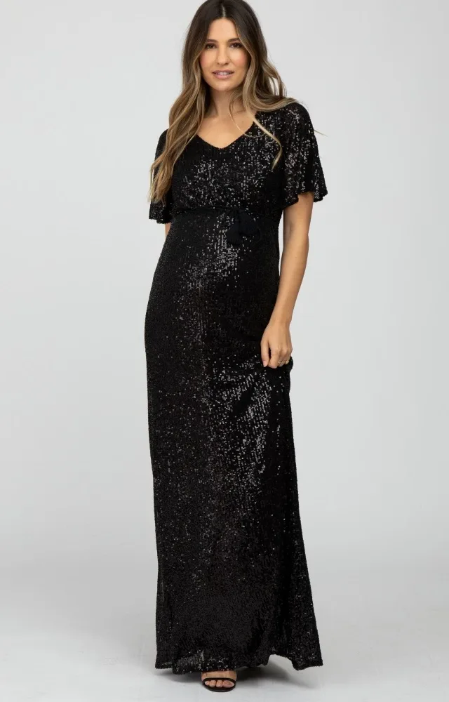 Black Sequin Short Sleeve Maternity Maxi Dress