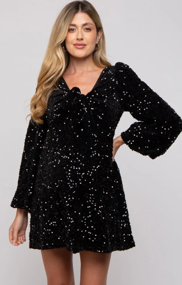 Black Sequin Velour Front Tie Maternity Mini Dress