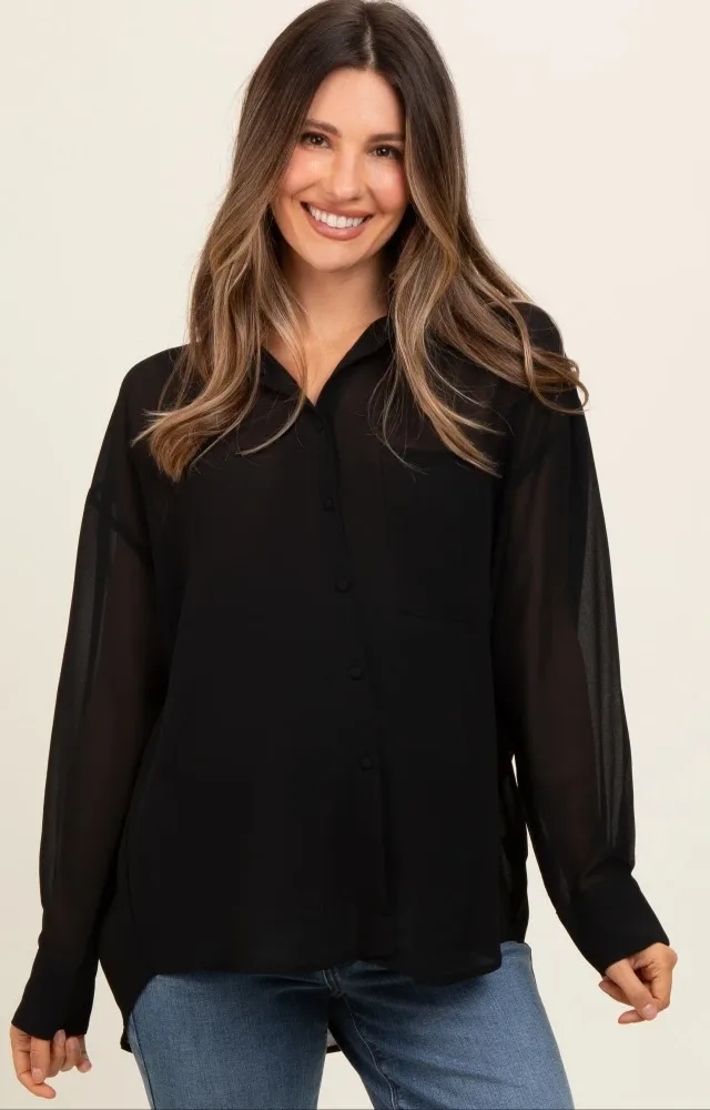 Black Sheer Button Down Maternity Blouse