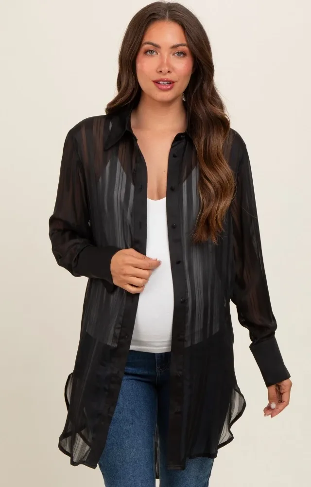 Black Sheer Stripe Button Down Maternity Blouse