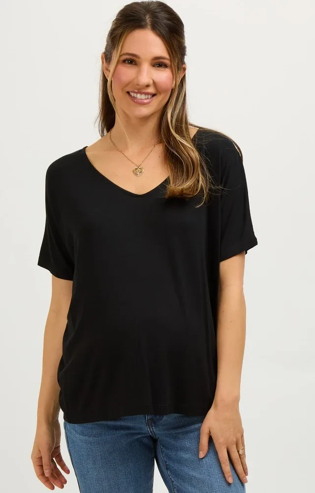 Black Short Dolman Sleeve V-Neck Maternity Top