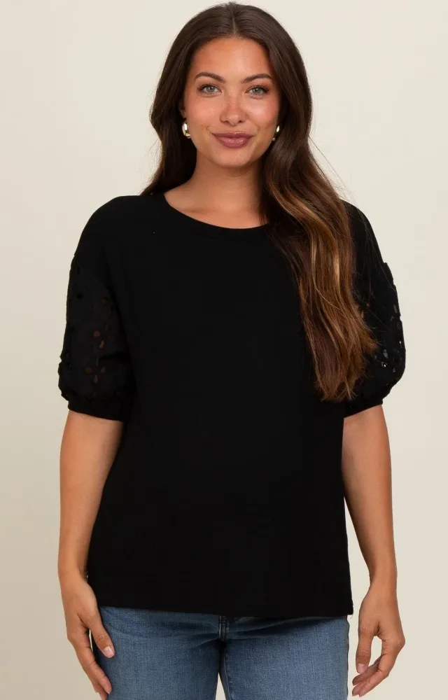 Black Short Puff Eyelet Lace Floral Sleeve Maternity Top