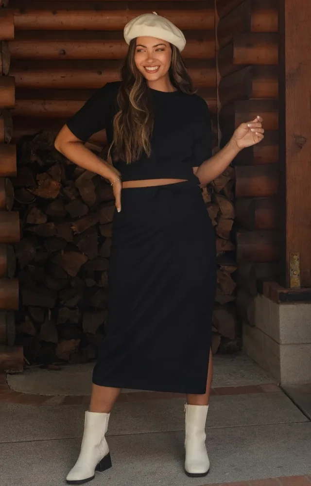 Black Short Sleeve Maternity Midi Skirt Set