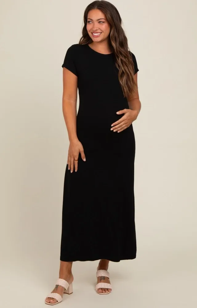 Black Short Sleeve Maternity Midi T-Shirt Dress