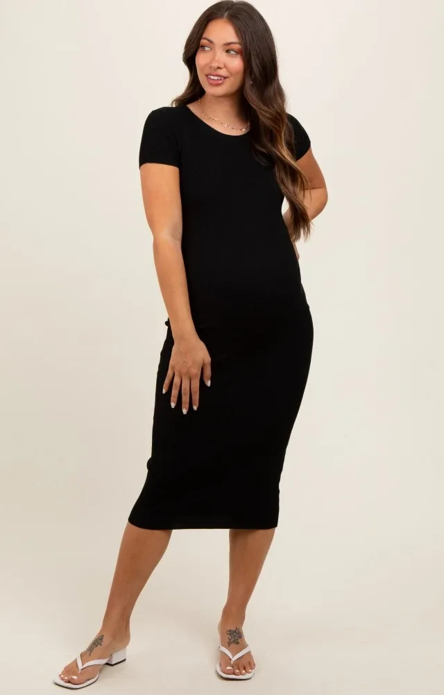 Black Short Sleeve Rib Knit Maternity Midi Dress