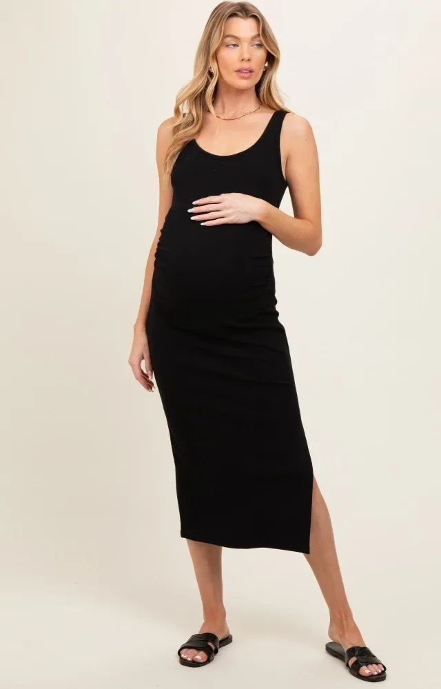 Black Short Sleeve Ruched Maternity Dress