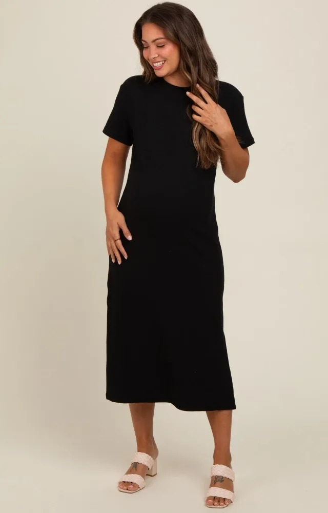 Black Short Sleeve Side Slit Maternity T-Shirt Midi Dress