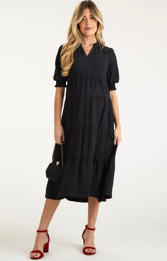 Black Short Sleeve Tiered Maternity Midi Dress