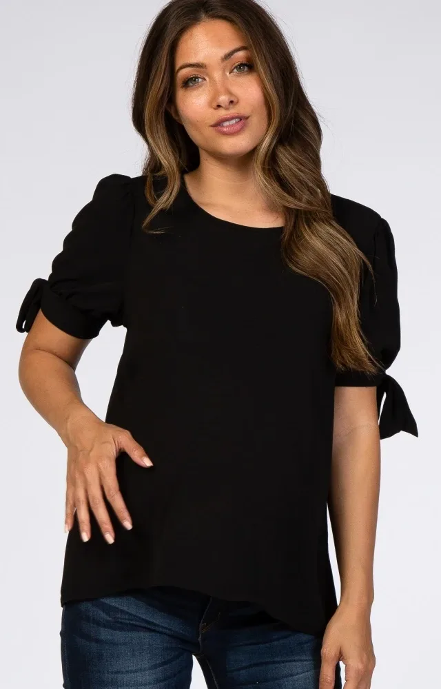 Black Short Tie Sleeve Maternity Top