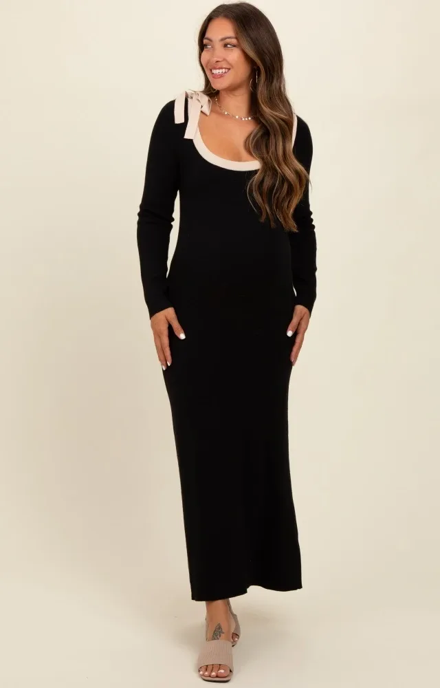 Black Shoulder Bow Detail Maternity Maxi Sweater Dress