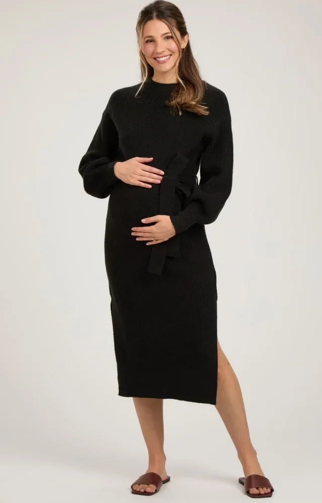 Black Side Slit Maternity Sweater Midi Dress