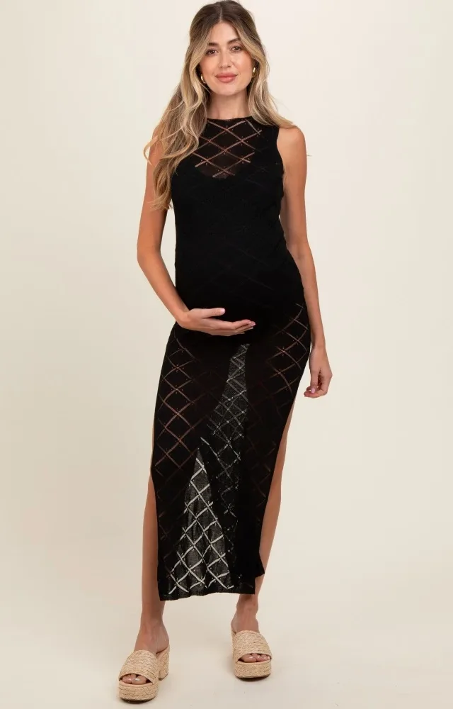 Black Sleeveless Crochet Double Side Slit Maternity Cover Up