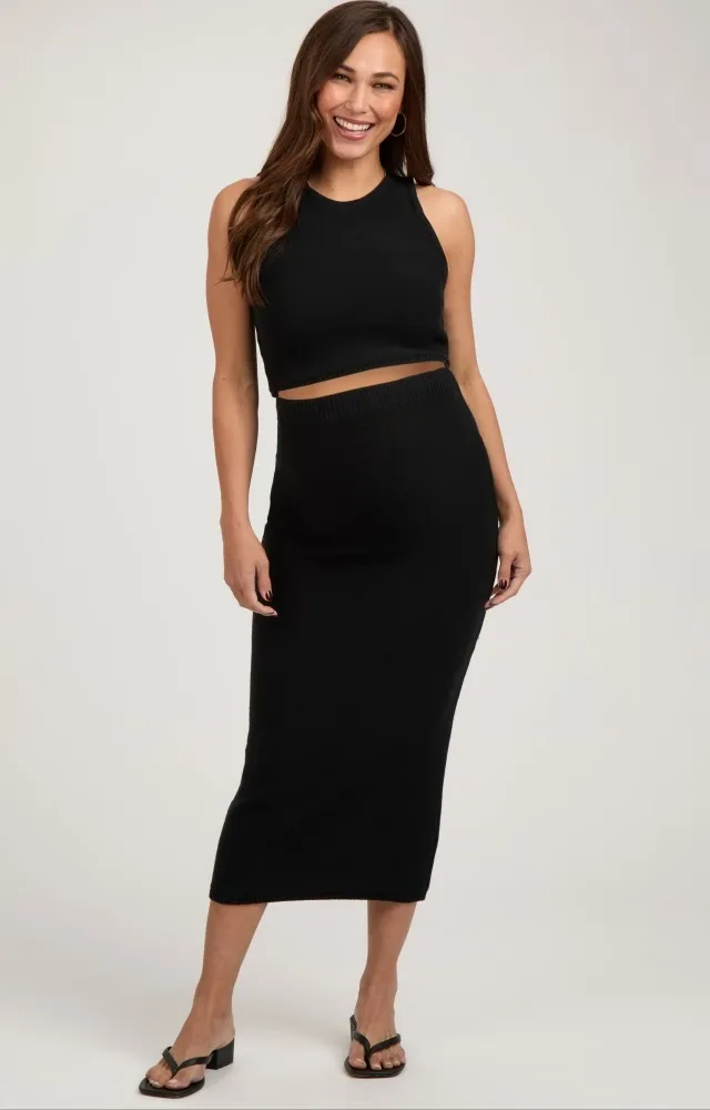 Black Sleeveless Crop Maternity Skirt Set