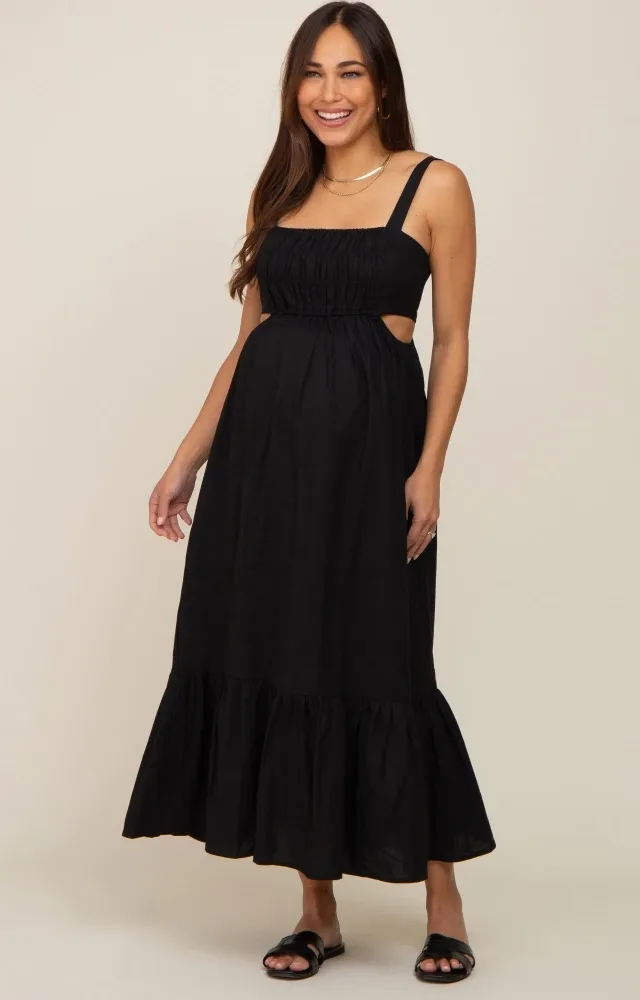 Black Sleeveless Cutout Ruffle Hem Maternity Maxi Dress