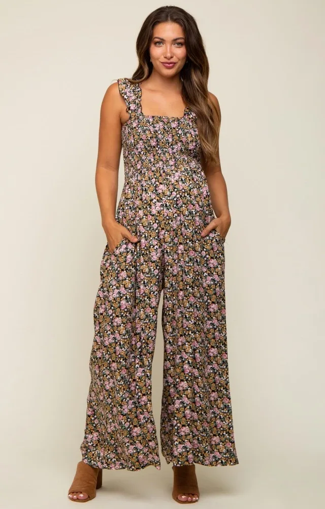 Black Sleeveless Floral Smocked Ruffle Maternity Jumpsuit