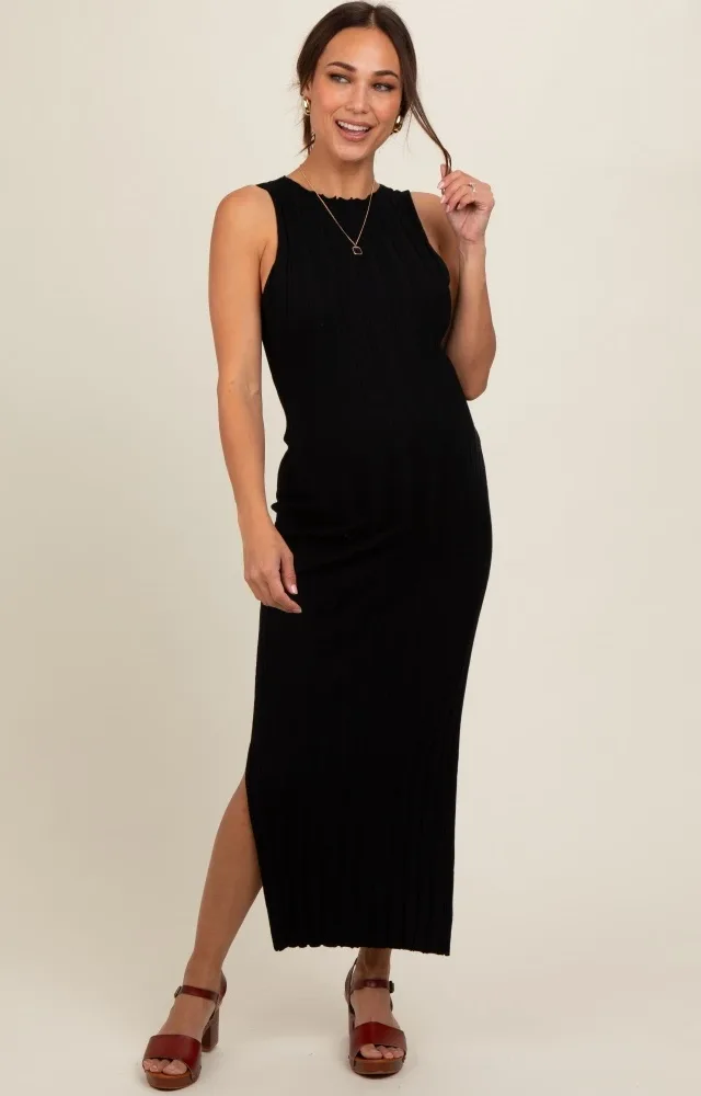 Black Sleeveless Knit Side Slit Maternity Midi Dress