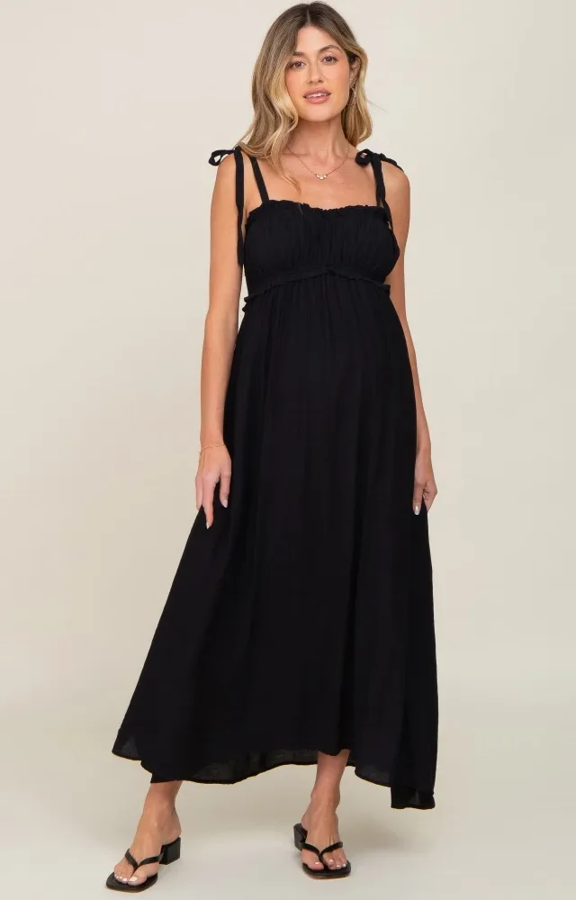 Black Sleeveless Ruffle Trim Maternity Maxi Dress