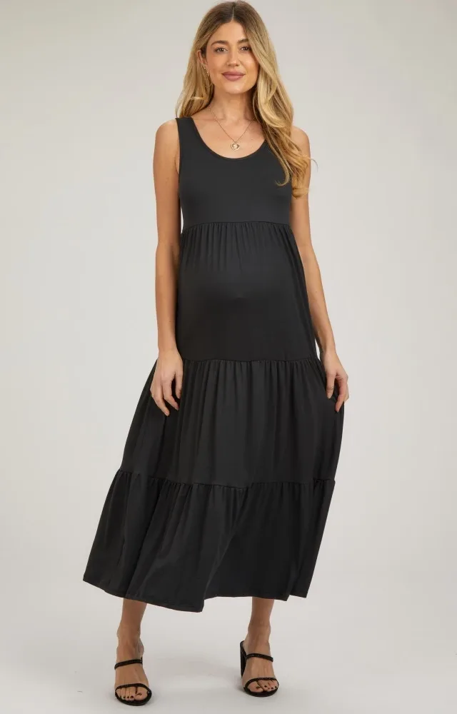 Black Sleeveless Scoop Back Tiered Maternity Maxi Dress