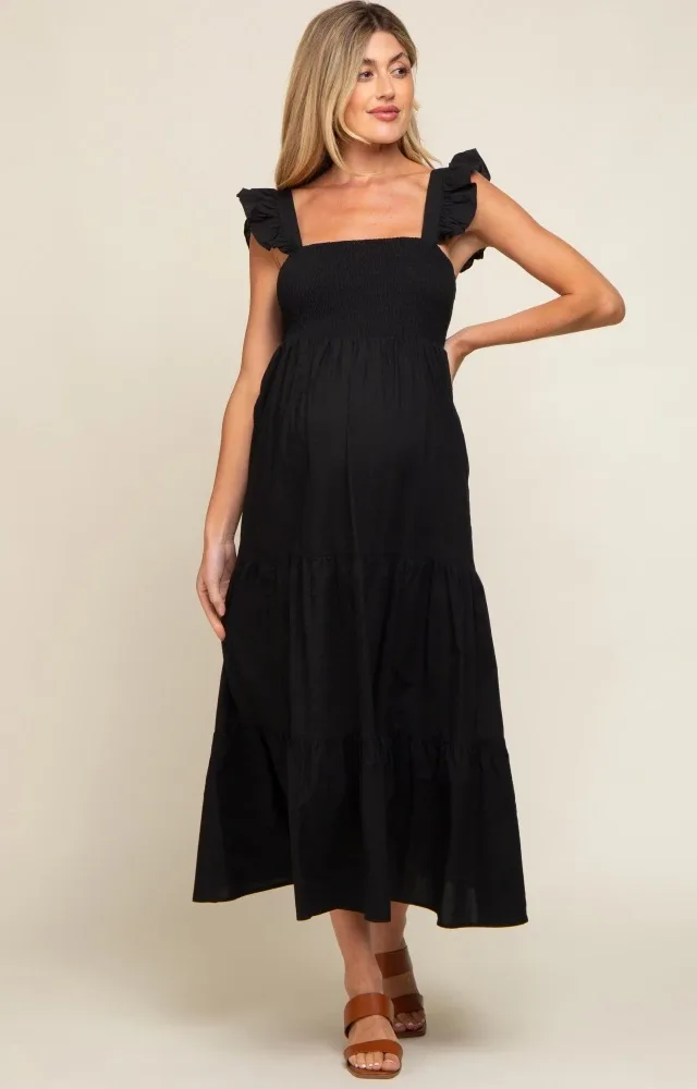 Black Sleeveless Tiered Maternity Maxi Dress