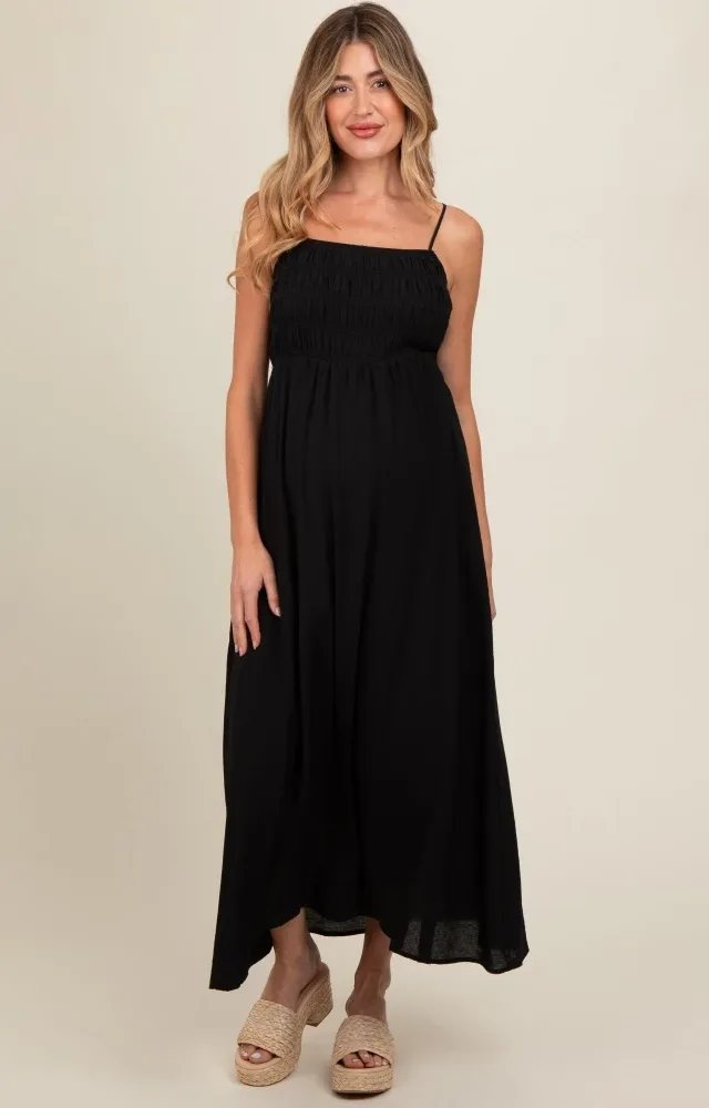 Black Smocked Cutout Lace Up Back Maternity Maxi Dress