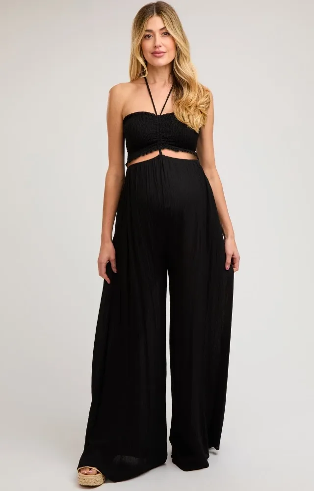 Black Smocked Drawstring Halter Side Cutout Maternity Jumpsuit