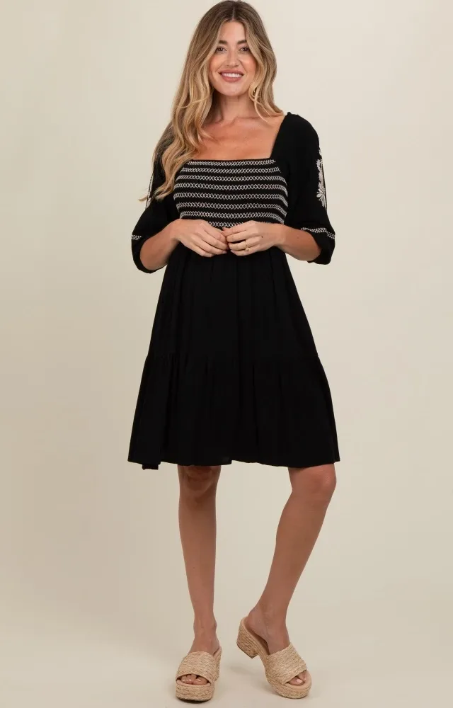 Black Smocked Embroidered Damask Maternity Dress