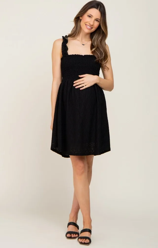 Black Smocked Eyelet Maternity Dress