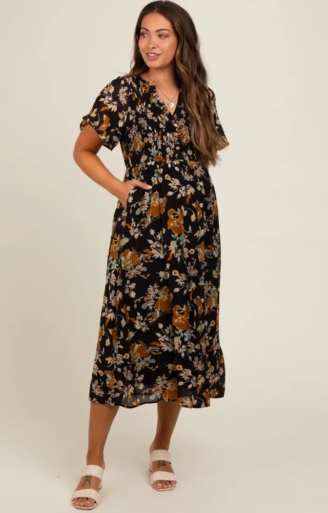 Black Smocked Floral Maternity Midi Dress