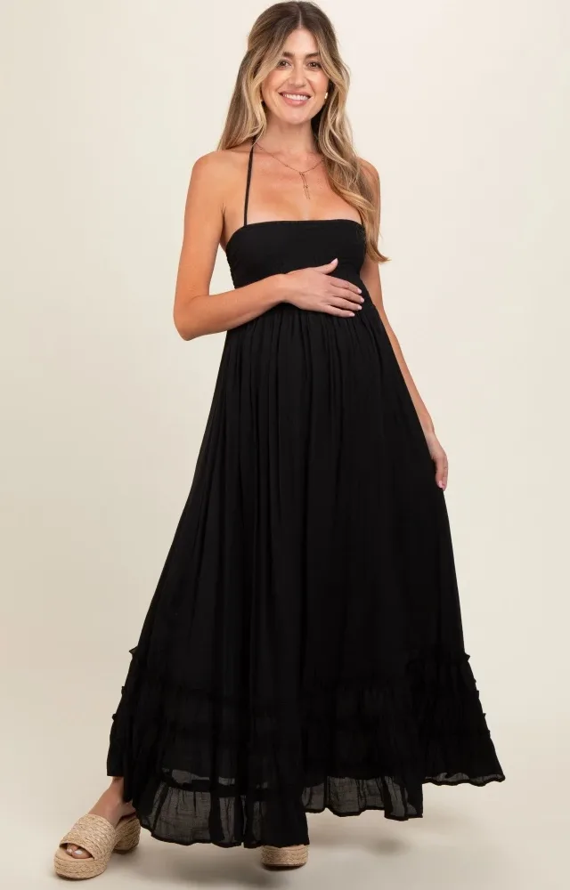 Black Smocked Halter Cutout Maternity Maxi Dress