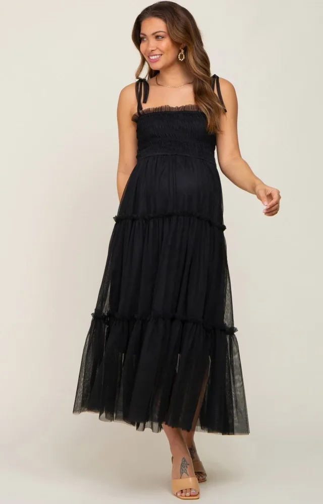 Black Smocked Mesh Maternity Midi Dress