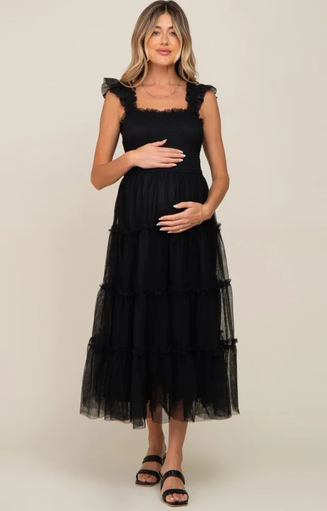 Black Smocked Mesh Ruffle Accent Maternity Midi Dress