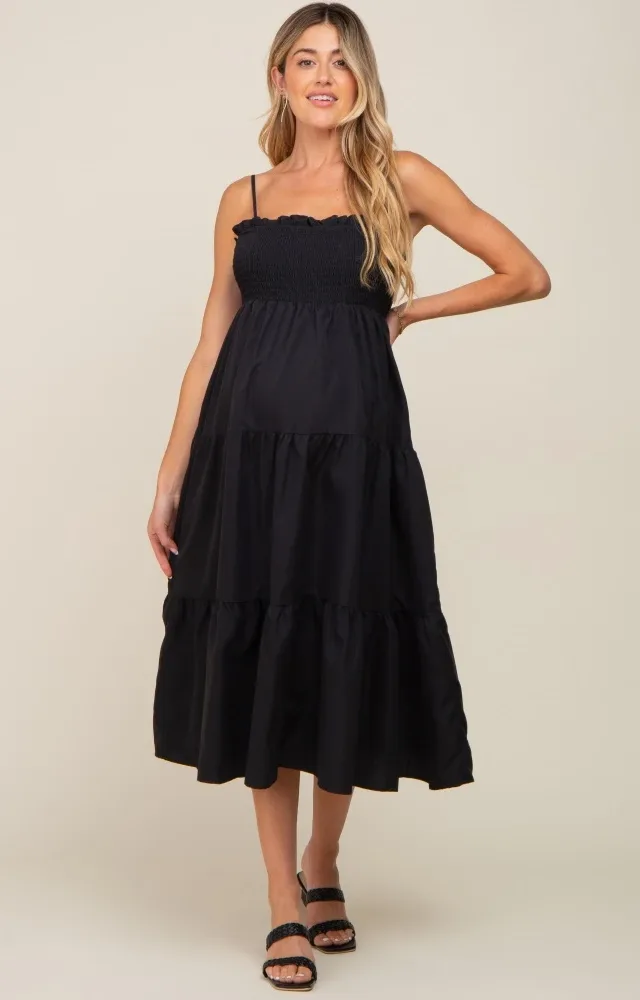 Black Smocked Open Back Tiered Maternity Midi Dress