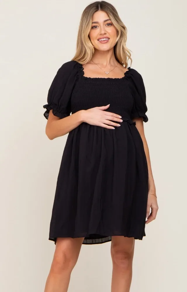 Black Smocked Puff Sleeve Maternity Dress