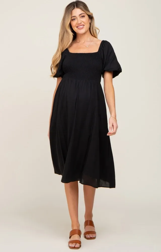 Black Smocked Puff Sleeve Maternity Midi Dress