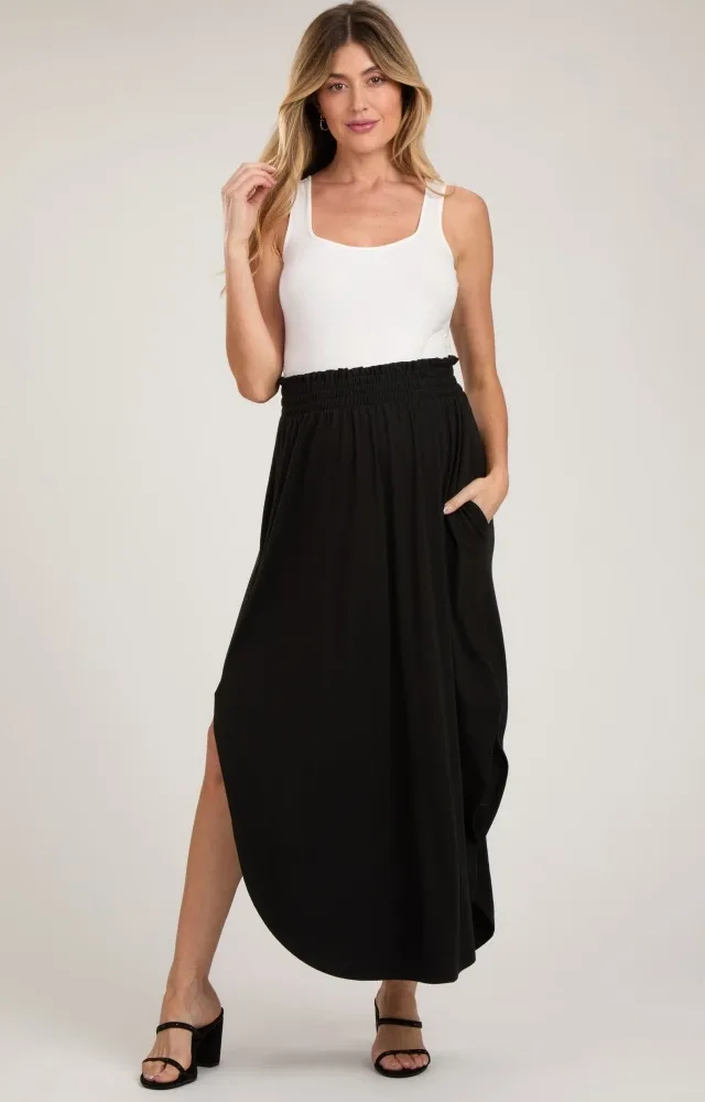 Black Smocked Rounded Hem Maternity Maxi Skirt