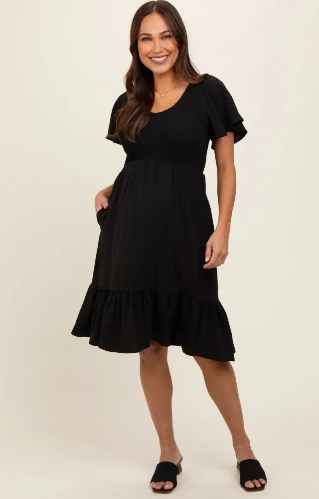 Black Smocked Ruffle Hem Maternity Dress