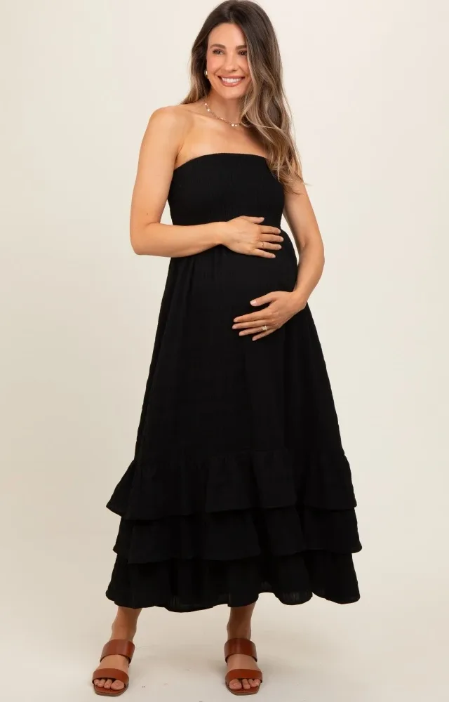 Black Smocked Ruffle Hem Tube Maternity Maxi Dress