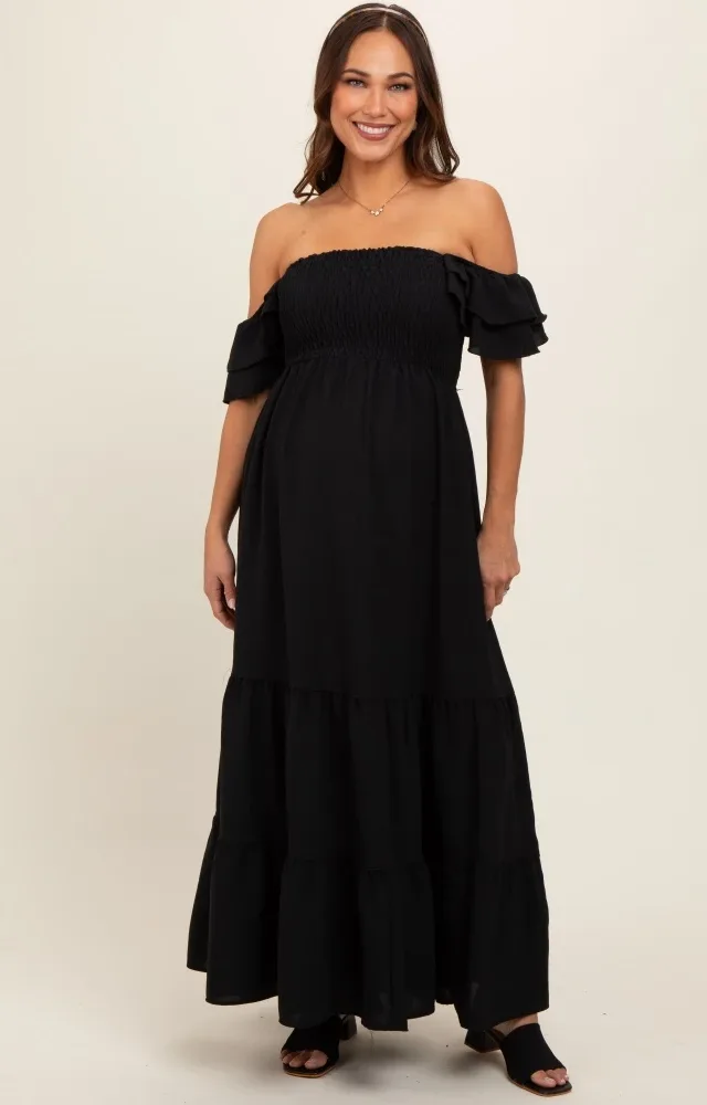 Black Smocked Ruffle Off Shoulder Tiered Maternity Maxi Dress