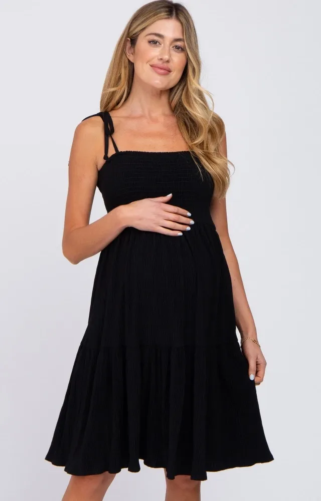 Black Smocked Shoulder Tie Maternity Dress