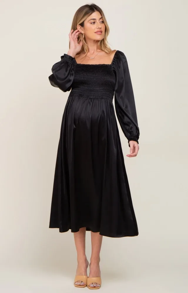 Black Smocked Square Neck Satin Maternity Midi Dress