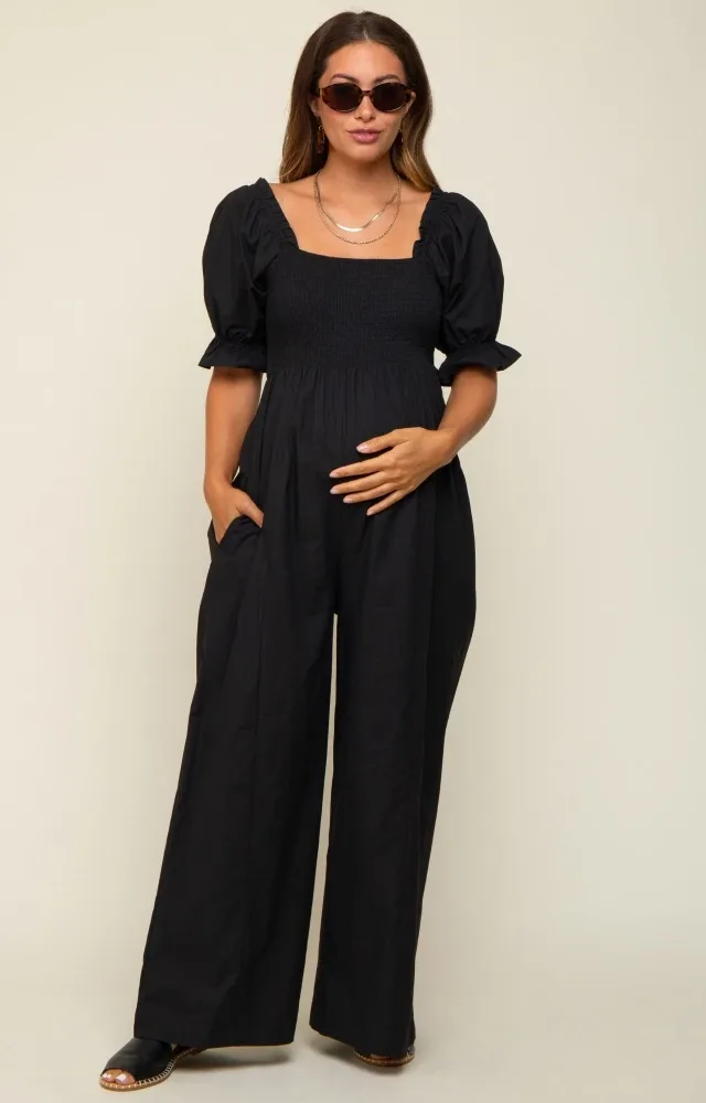 Black Smocked Square Neck Wide Leg Maternity Jumpsuit