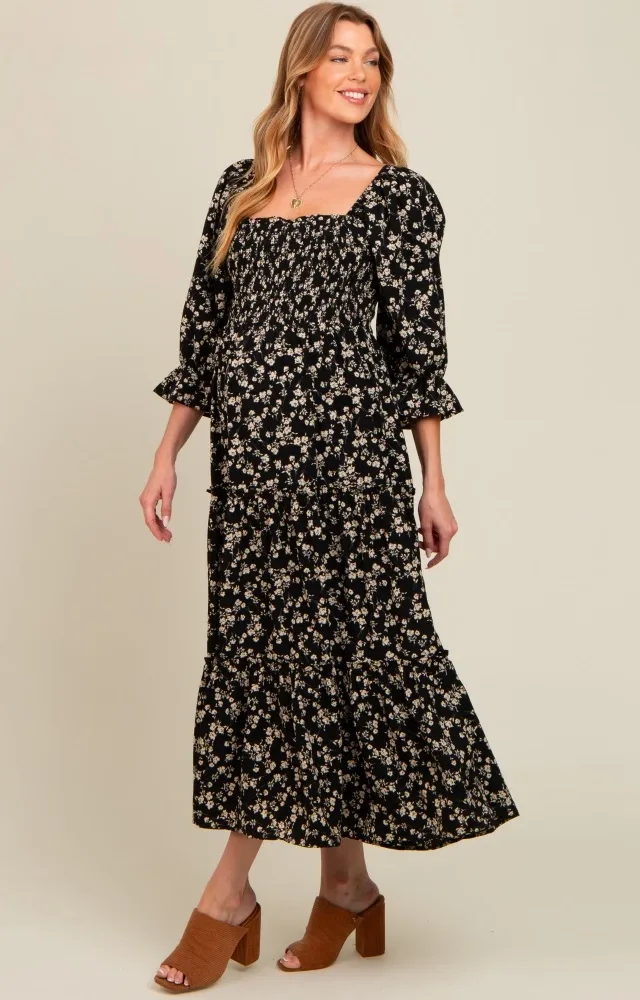 Black Smocked Tiered Pocketed Maternity Midi Dress