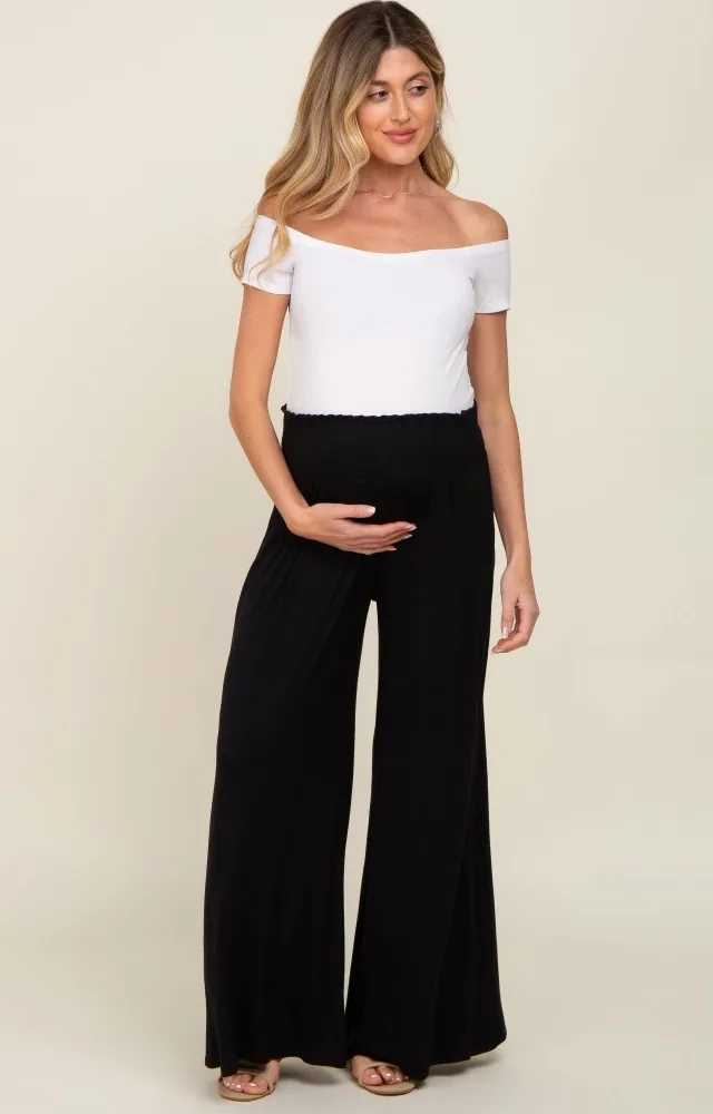 Black Smocked Waist Flowy Maternity Pants