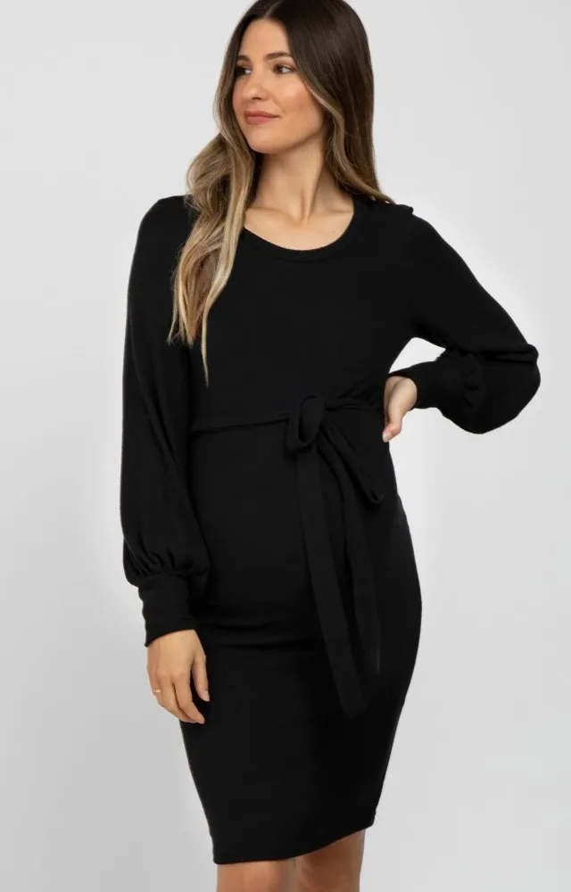 Black Soft Brushed Waist Tie Bubble Sleeve Maternity Dress