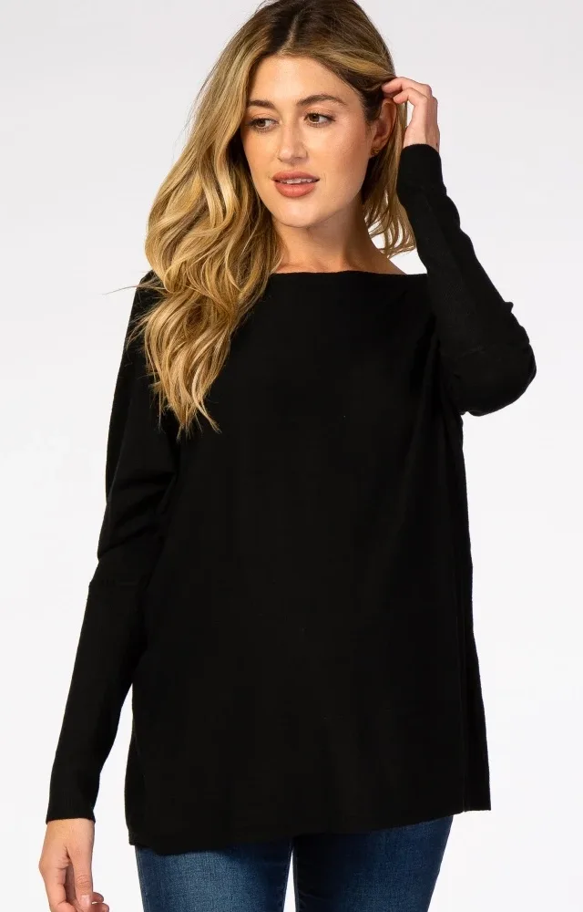 Black Soft Knit Boatneck Maternity Sweater